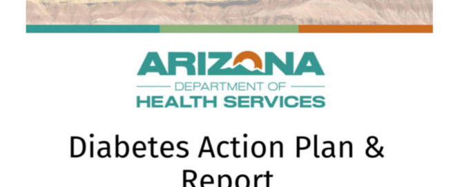 image of a part of the cover of the Diabetes Action Plan that shows an image of beautiful mountains in the background, the ADHS logo and the title of Diabetes Action Plan Report