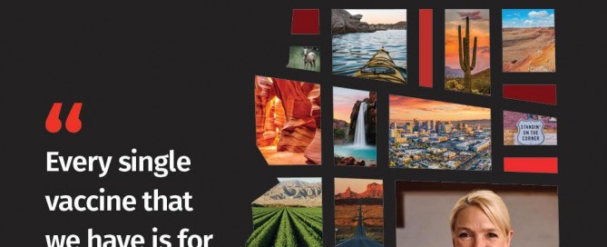 Image that says "We're Stronger Together" and features pictures of different landscapes throughout Arizona and a photo of a healthcare provider. There is also a featured quote of "Every single vaccine that we have is for the benefit of the patient." by Dr. Darlene Melk from Cochise County.