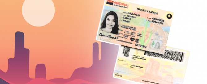 image of illustrated desert landscape with sun in the sky and hills in the forefront with images of the new Arizona Travel ID on the right side, both front and back.