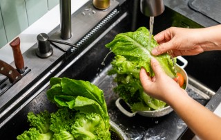 washing a leaf of lettuce in the sink